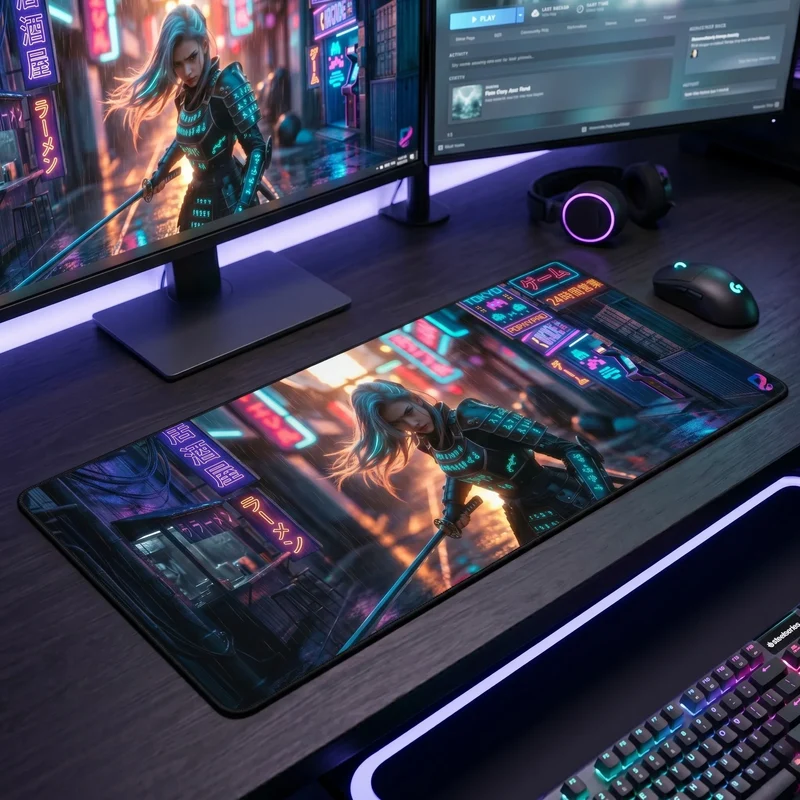 XXL Gaming Mouse Pad - Cyberpunk Samurai - Aïko | PopMyPad