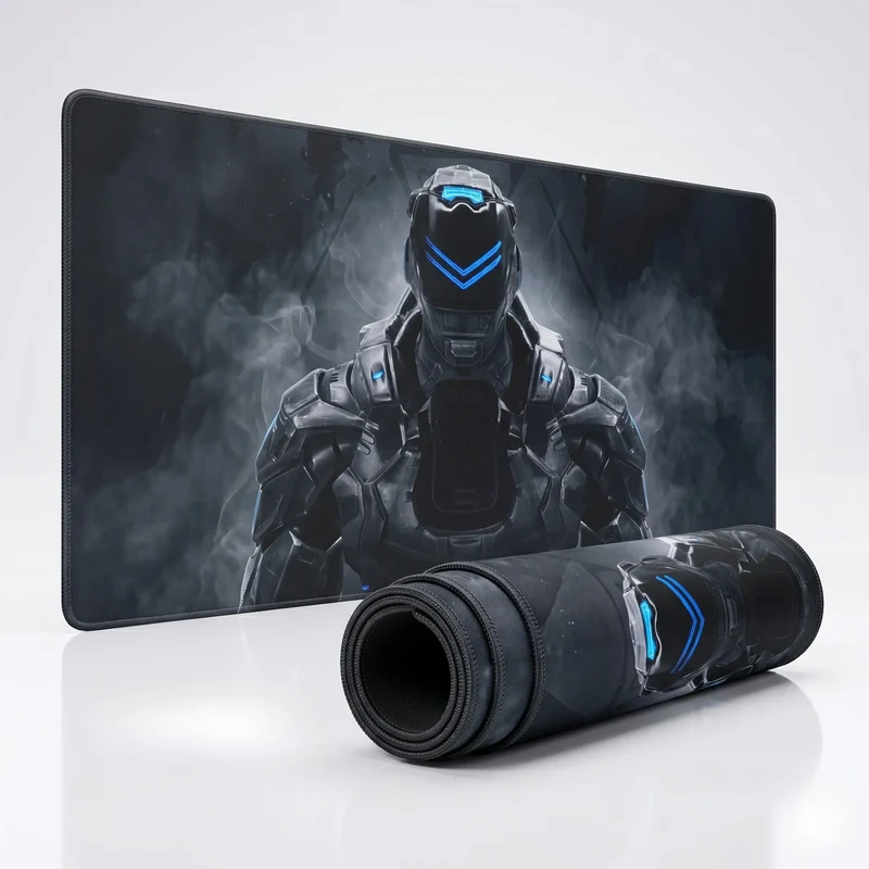 XXL Gaming Desk Mat — Blue Neon Cyborg, The Decrypter | PopMyPad
