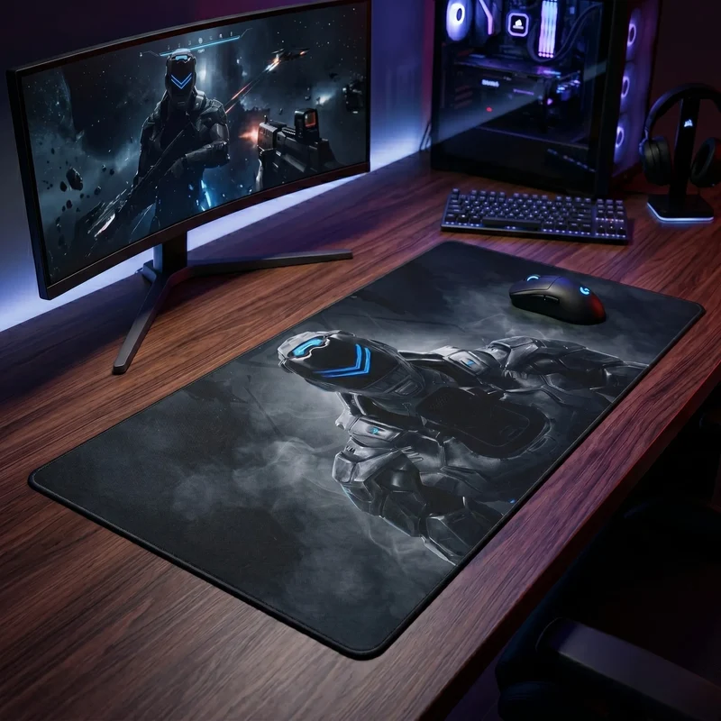 XXL Gaming Desk Mat — Blue Neon Cyborg, The Decrypter | PopMyPad
