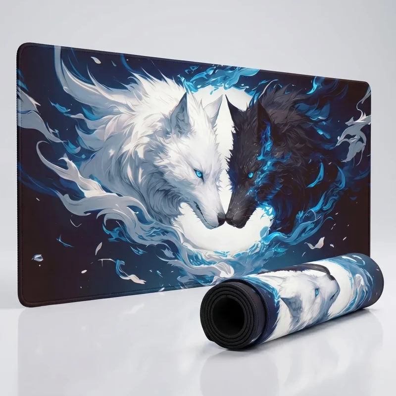 XXL Wolf Gaming Mouse Pad — Electric Blue Yin-Yang Duo | PopMyPad