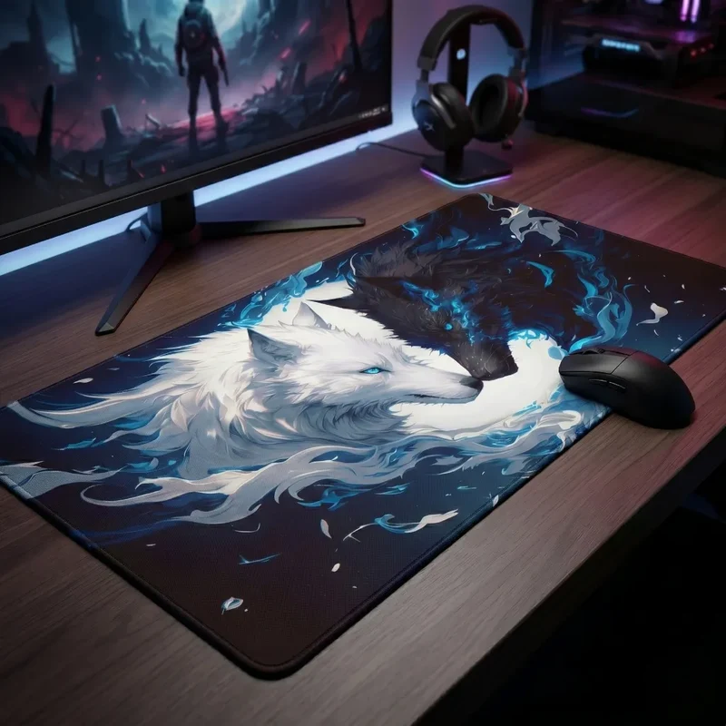 XXL Wolf Gaming Mouse Pad — Electric Blue Yin-Yang Duo | PopMyPad