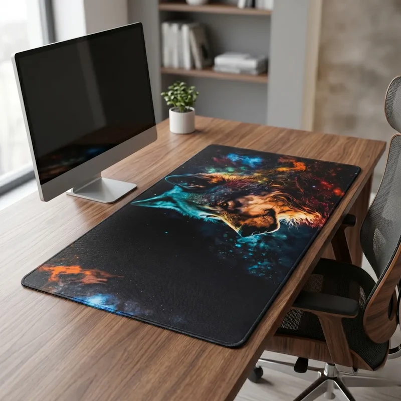 XXL Wolf Gaming Mouse Pad — Orange & Sapphire Nebula | PopMyPad