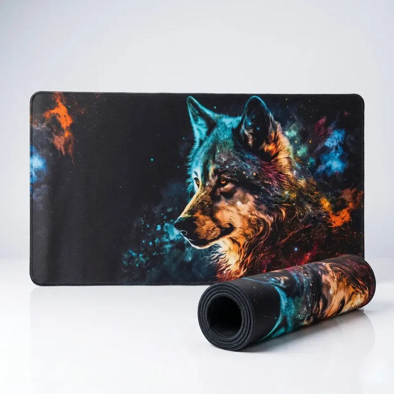 XXL Wolf Gaming Mouse Pad — Orange & Sapphire Nebula | PopMyPad