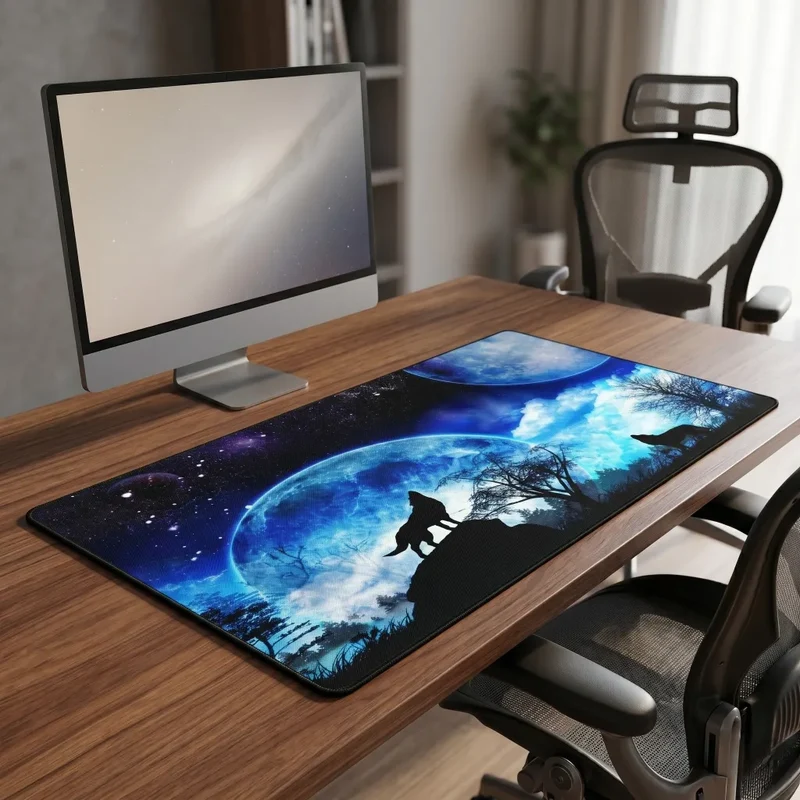 XXL Wolf Gaming Mouse Pad — Howling Under the Blue Moon | PopMyPad
