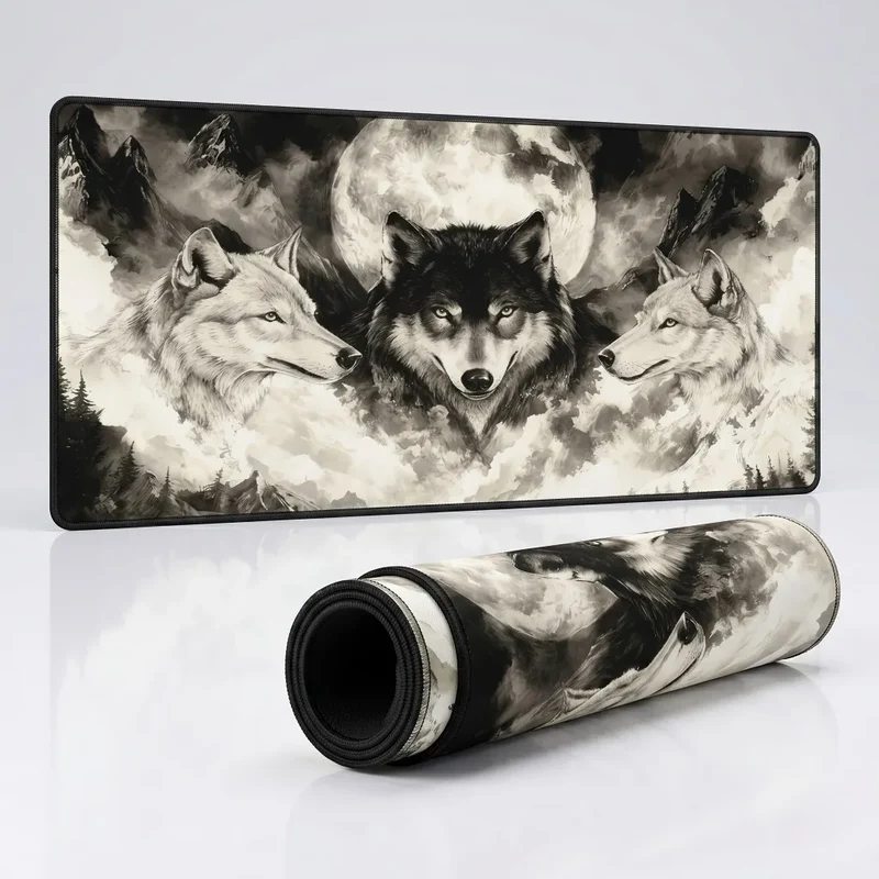 XXL Wolf Gaming Mouse Pad — Three Wolves & Full Moon | PopMyPad
