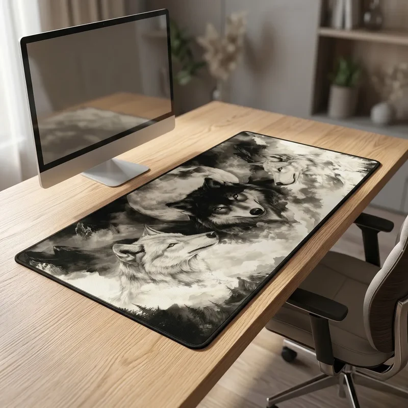 XXL Wolf Gaming Mouse Pad — Three Wolves & Full Moon | PopMyPad