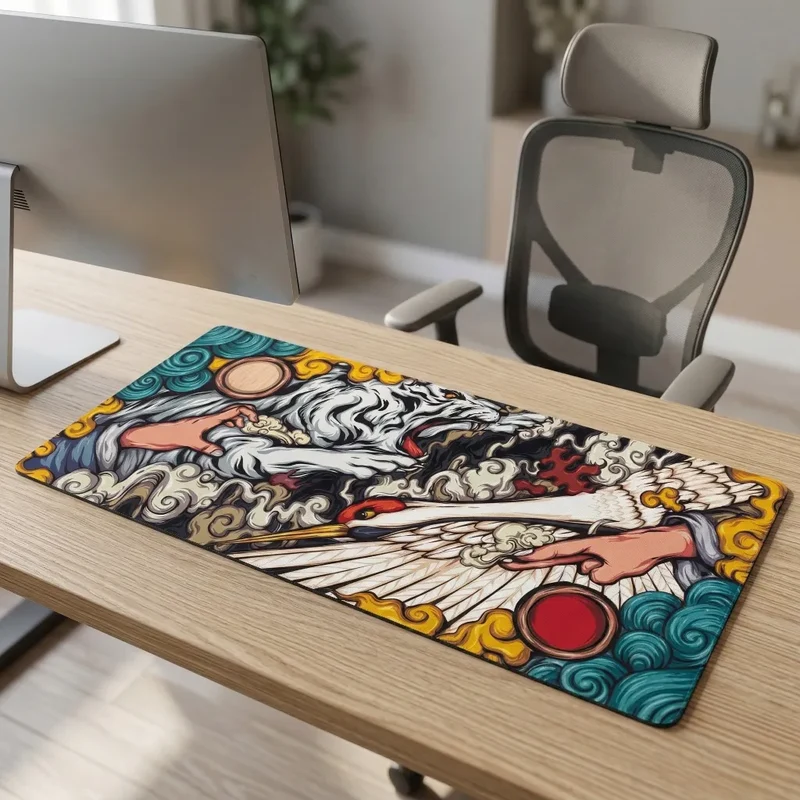 XXL Japanese Mouse Pad — Ukiyo-e White Tiger & Crane | PopMyPad