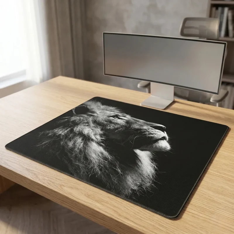 Tapis de Souris XXL Lion — Regard vers les Cimes, Monochrome | PopMyPad