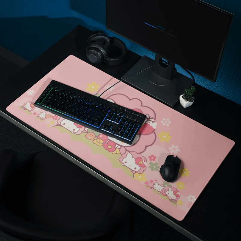 Tapis De Souris Kawai Chaton Rose & Petites Fleurs