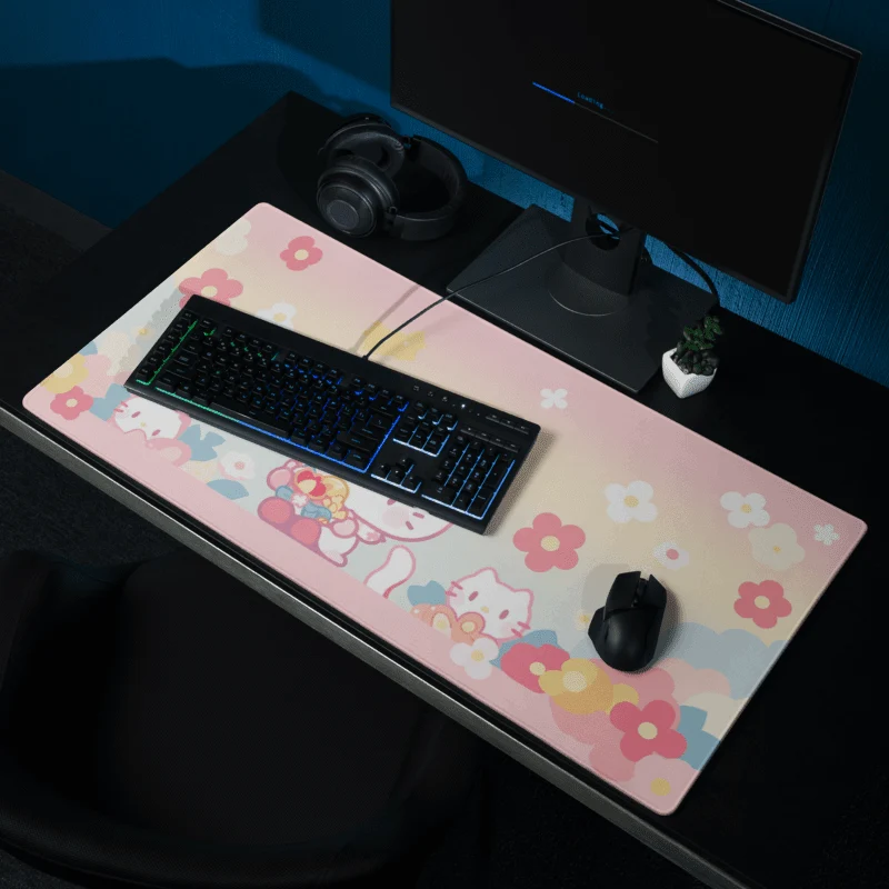 Tapis De Souris Kawai Chaton Rose & Fleurs
