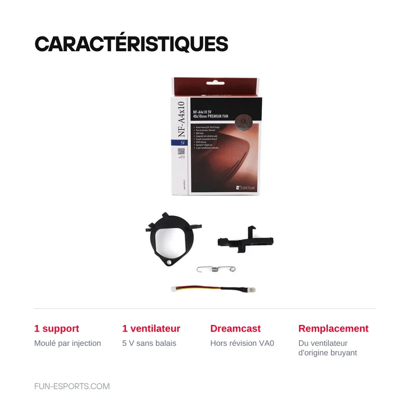 Kit de ventilation Dreamcast — support moulé pour ventilateur 5 V silencieux