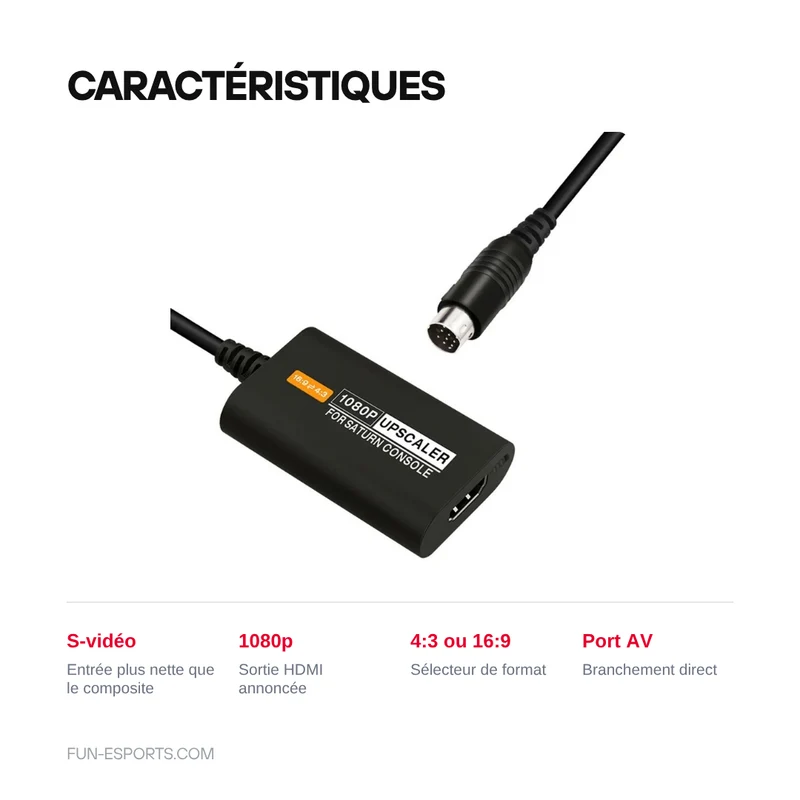 Convertisseur HDMI pour Saturn — entrée S-vidéo, format 4:3 ou 16:9