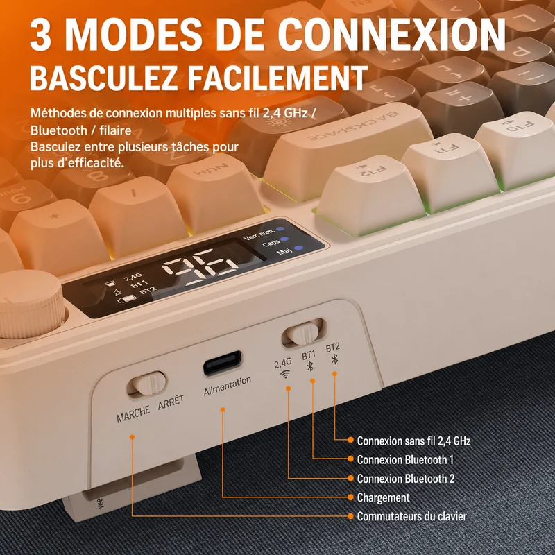 Clavier Gamer Sans Fil Beige Orange Qwerty