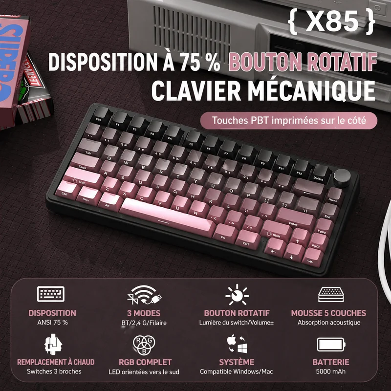 Clavier Gamer Sans Fil Rose Noir Dégradé Qwerty