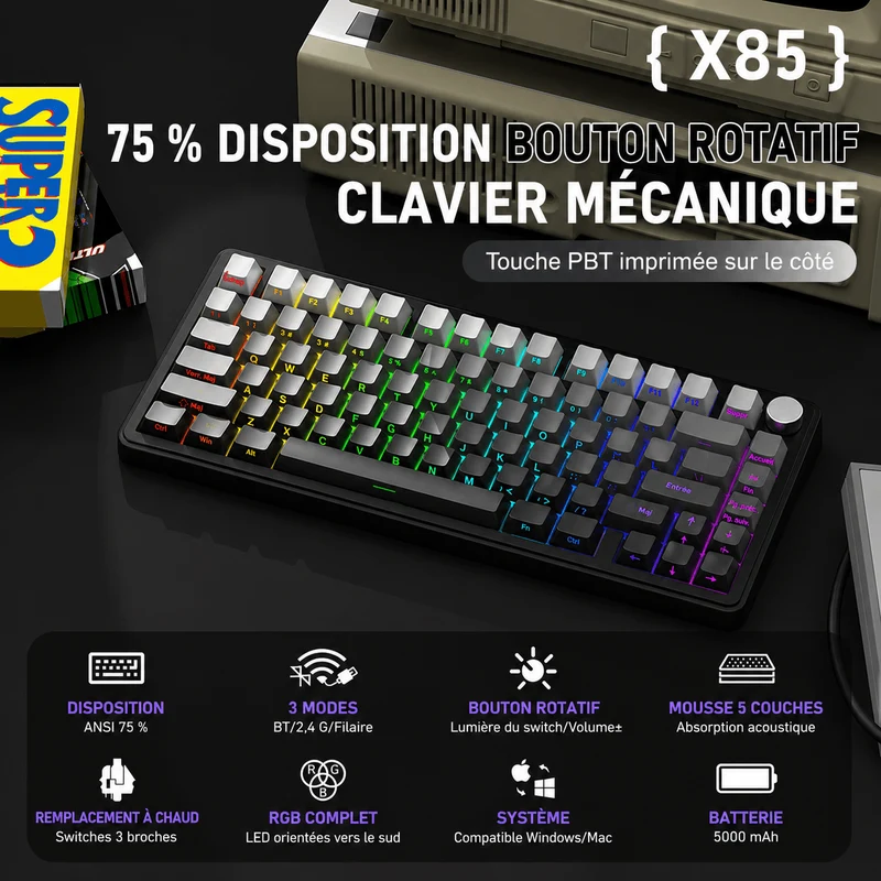 Clavier Gamer Sans Fil Noir Dégradé Qwerty