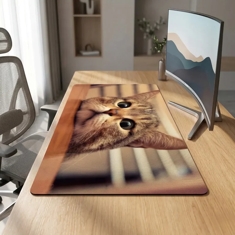 Tapis de Souris XXL Chat — Regard aux Aguets, Tons Boisés | PopMyPad