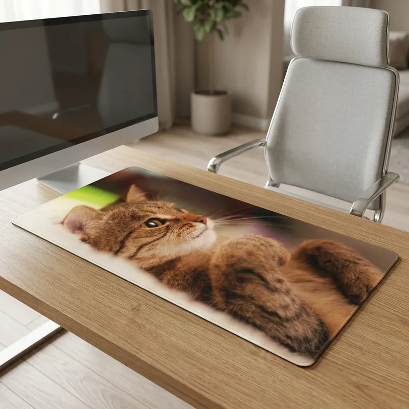 XXL Cat Mouse Pad — Curled-Up Tabby, Tender Portrait | PopMyPad
