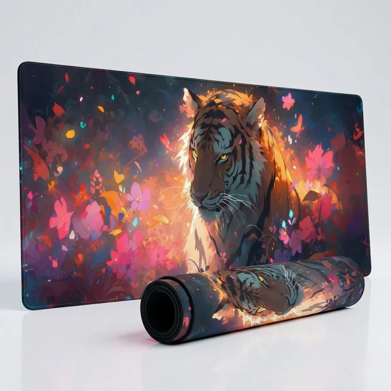 XXL Tiger Mouse Pad — Magenta & Cyan Neon Floral | PopMyPad