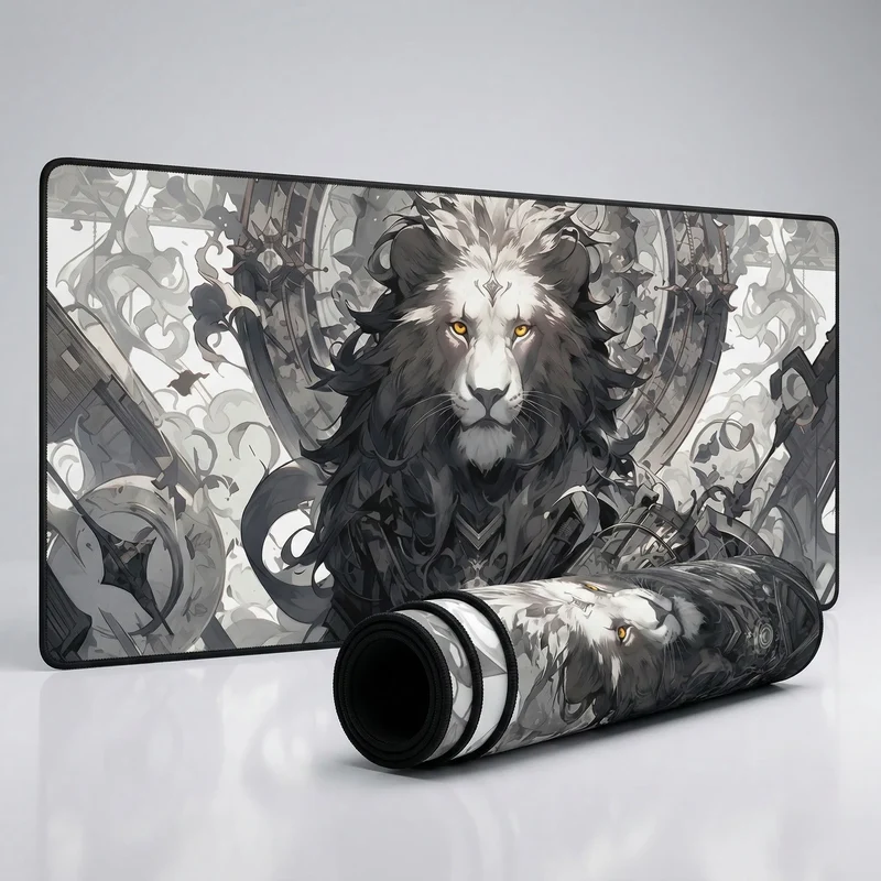 XXL Lion Mouse Pad — Monochrome Steampunk Machine | PopMyPad