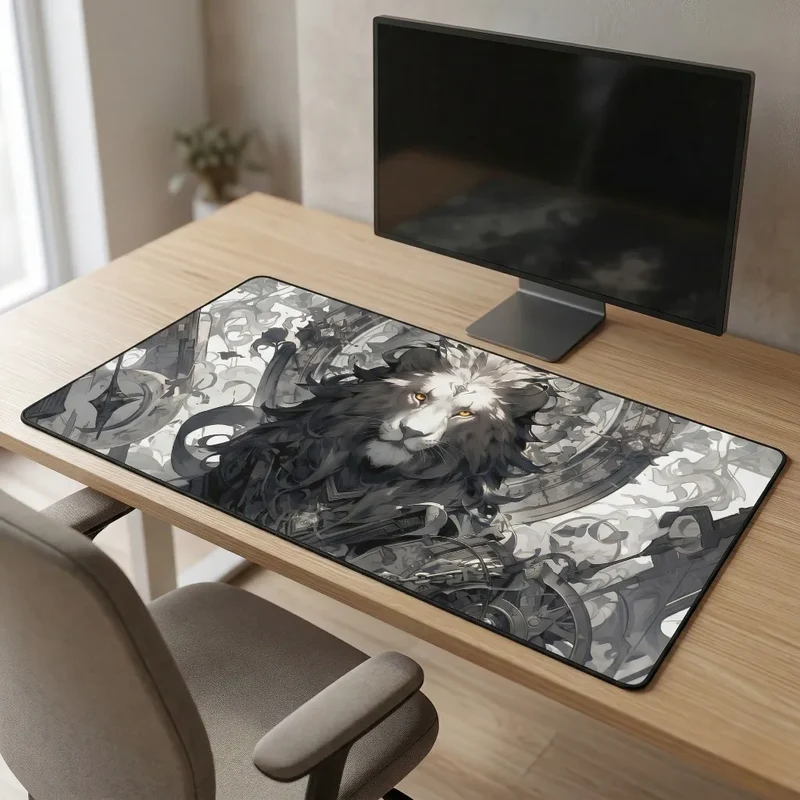XXL Lion Mouse Pad — Monochrome Steampunk Machine | PopMyPad