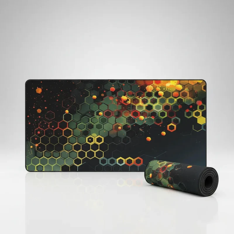 XXL Geometric Mouse Pad — Fire & Emerald Hex Polygons | PopMyPad