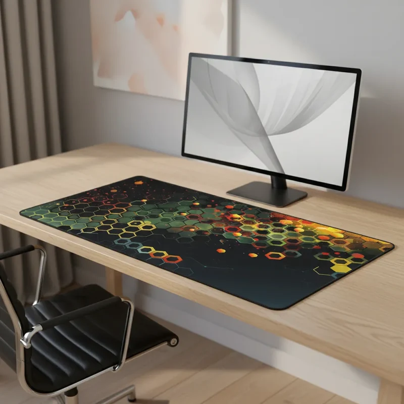 XXL Geometric Mouse Pad — Fire & Emerald Hex Polygons | PopMyPad