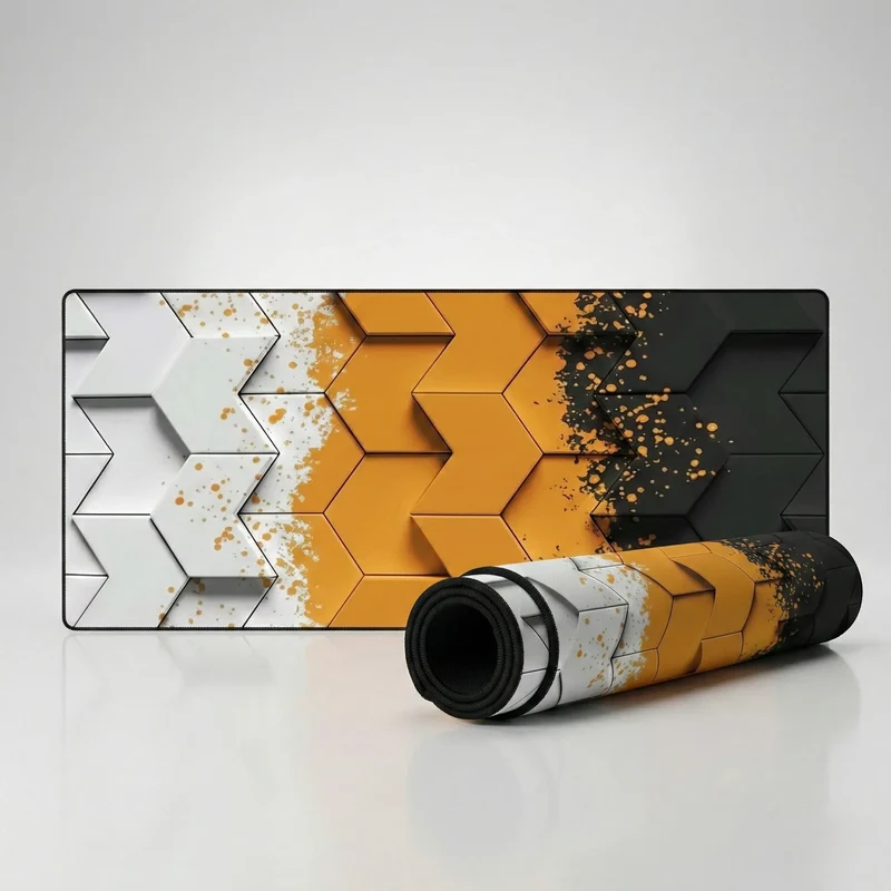XXL Geometric Mouse Pad — Orange & Black 3D Polygons | PopMyPad