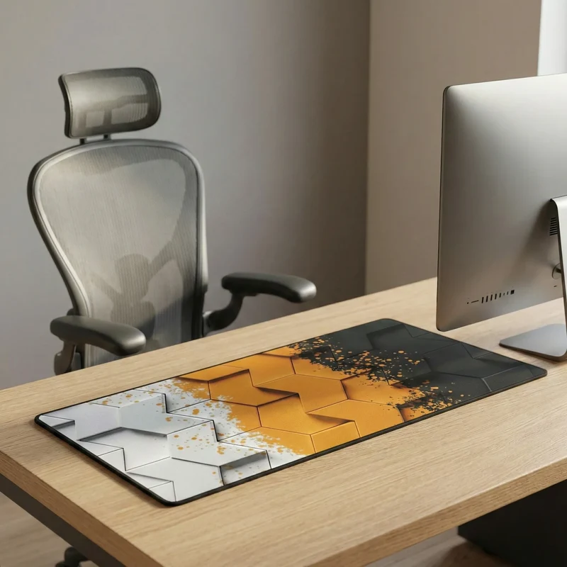 XXL Geometric Mouse Pad — Orange & Black 3D Polygons | PopMyPad