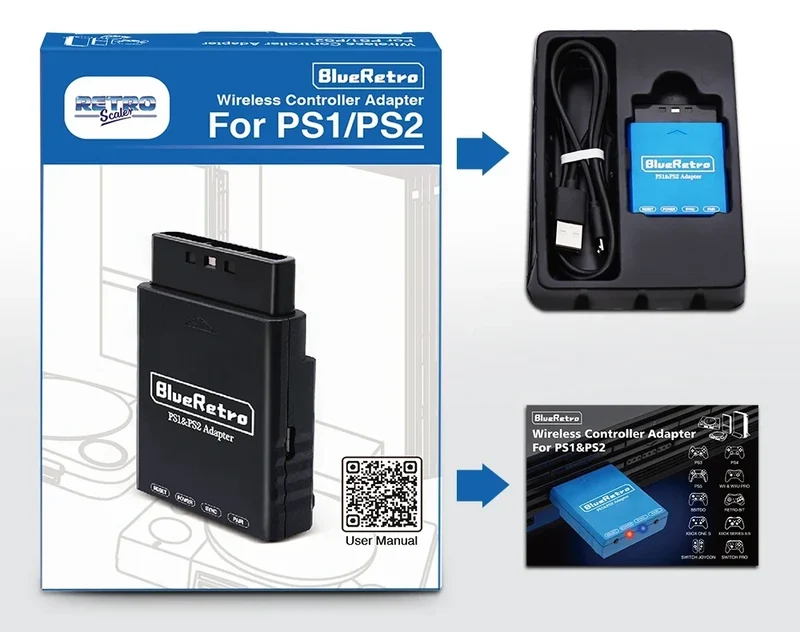 Adaptateur BlueRetro RetroScaler pour PS1 et PS2 — manettes Bluetooth sans fil