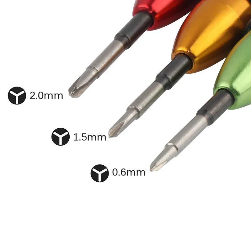 Tournevis tri-wing Y 0.6, 1.5 et 2.0 mm — les trois diamètres de la vis à trois ailes