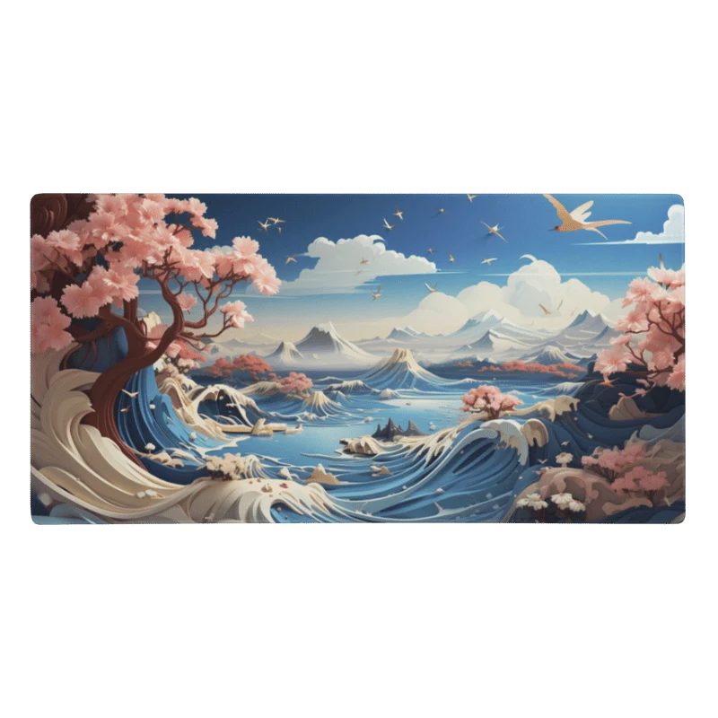 Tapis De Souris Japonais Paysage Vagues Cerisiers