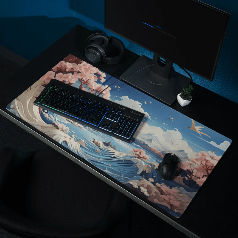Tapis De Souris Japonais Paysage Vagues Cerisiers