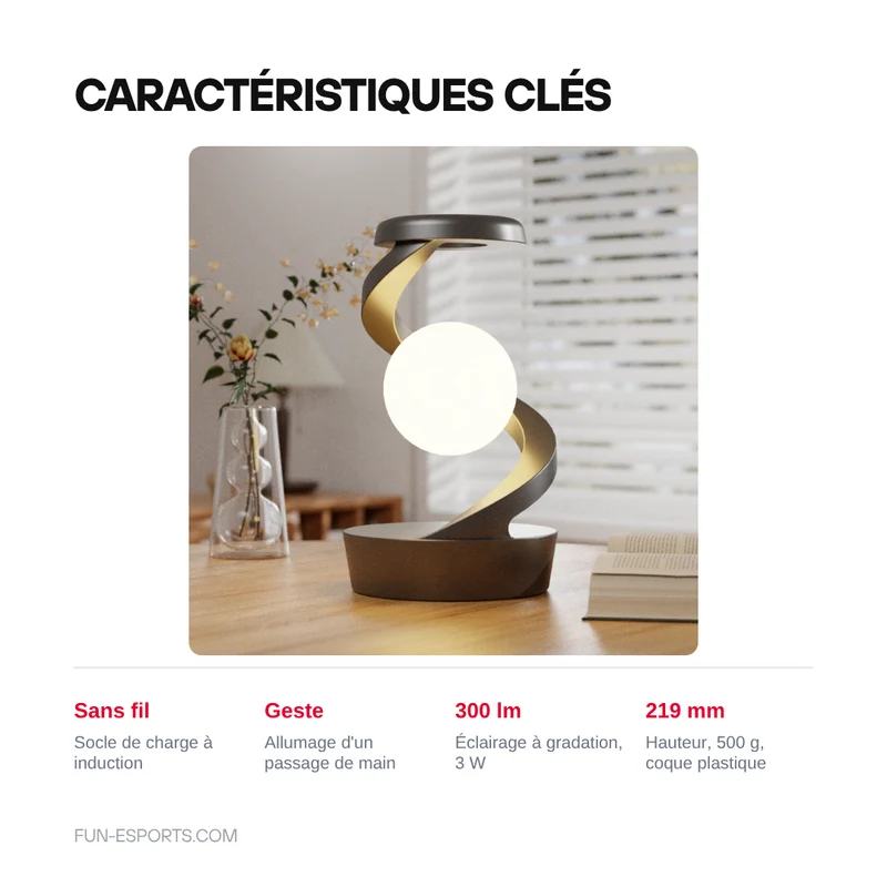 Lampe de chevet à sphère lumineuse avec charge sans fil — allumage d'un geste