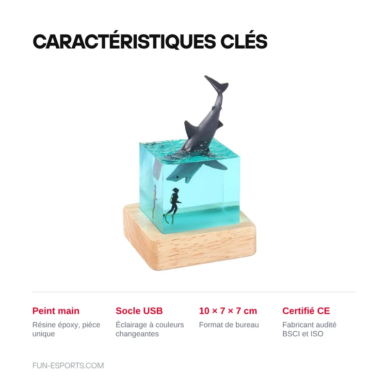 Veilleuse cube en résine scène océan — 5 sujets marins, socle lumineux USB