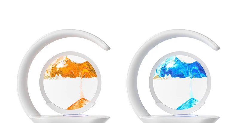 Lampe à sable animé avec charge sans fil 15 W — arche LED tactile et sablier en verre