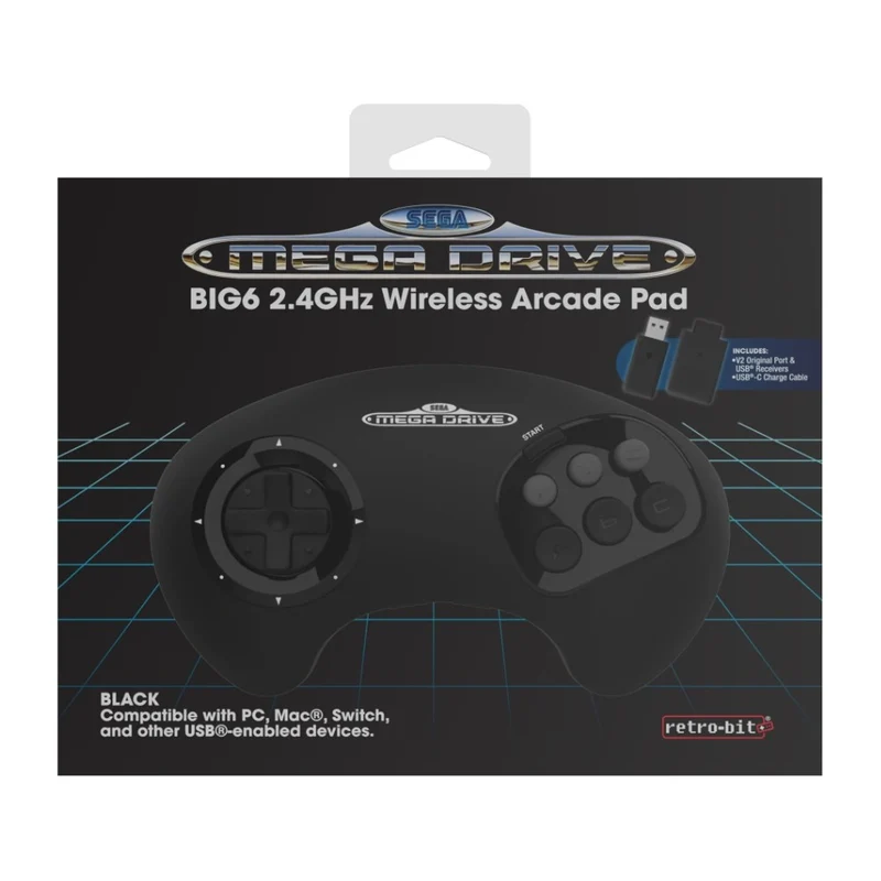 Manette sans fil Retro-Bit BIG6 pour Mega Drive — 6 boutons au grand format, récepteurs console et USB fournis
