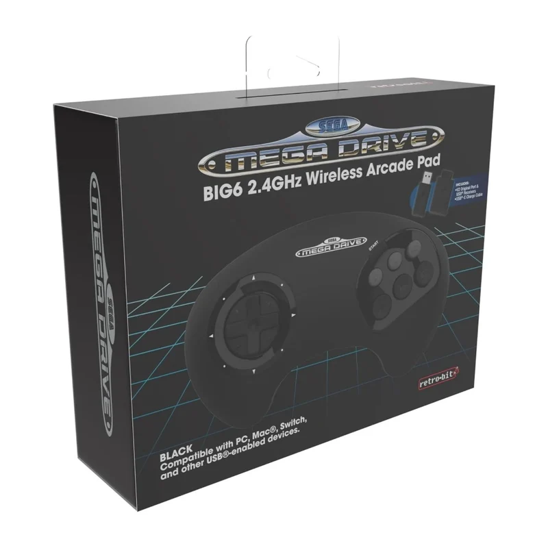 Manette sans fil Retro-Bit BIG6 pour Mega Drive — 6 boutons au grand format, récepteurs console et USB fournis