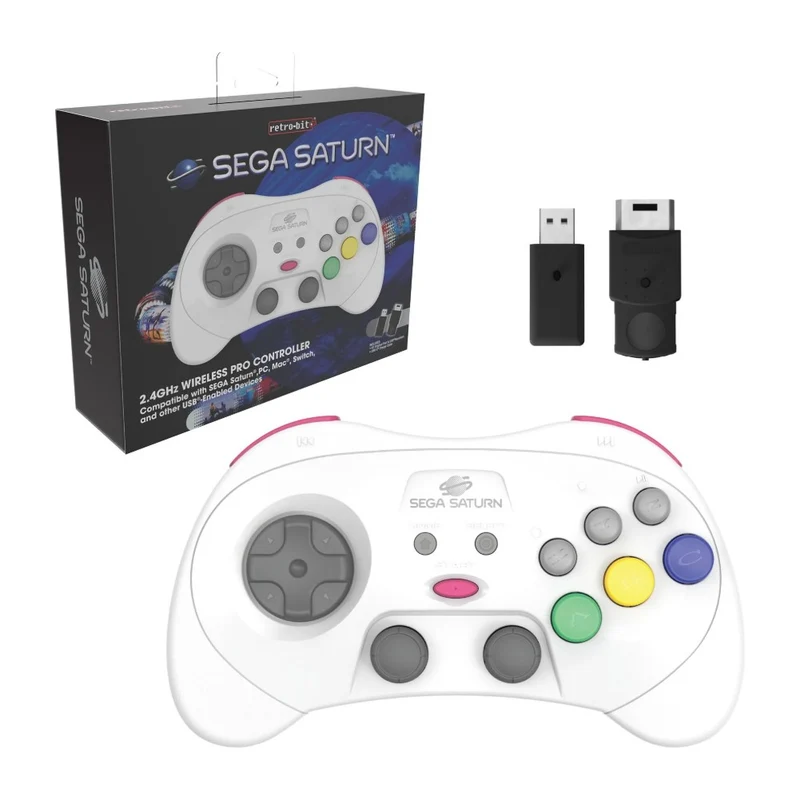 Manette sans fil Retro-Bit Pro style Saturn — 2 sticks à effet Hall, récepteurs Saturn et USB fournis