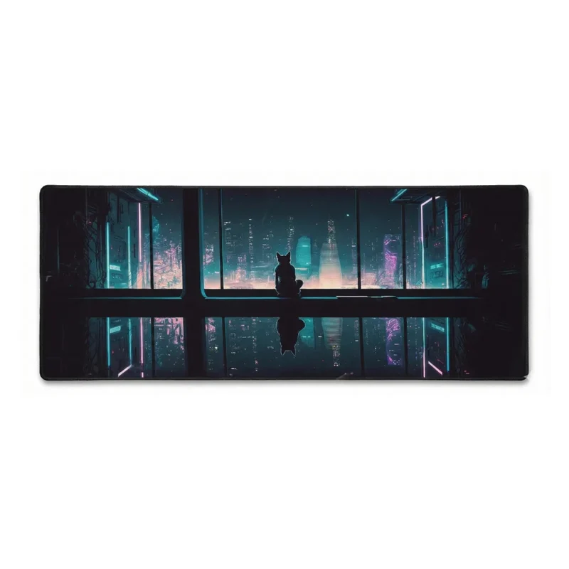 XXL Cat Mouse Pad — Neon Cyberpunk Contemplation | PopMyPad
