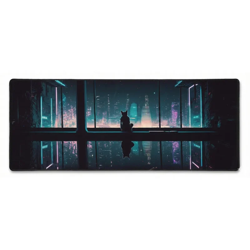 XXL Cat Mouse Pad — Neon Cyberpunk Contemplation | PopMyPad