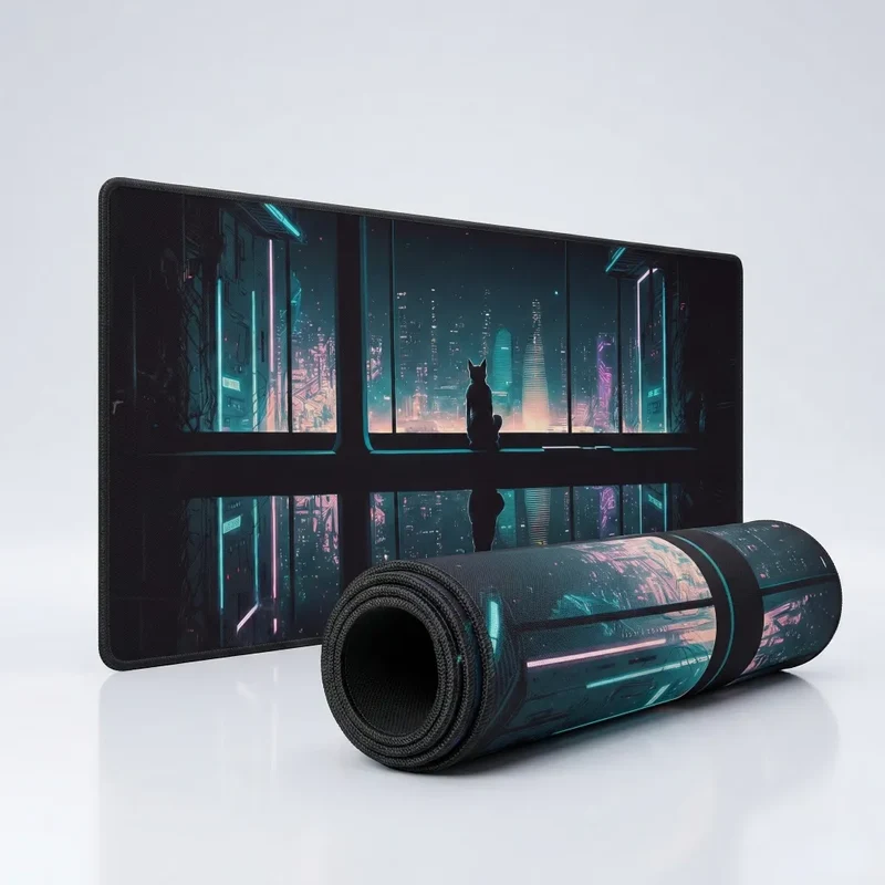 XXL Cat Mouse Pad — Neon Cyberpunk Contemplation | PopMyPad