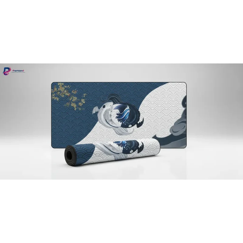 Tapis de Souris XXL Japonais — Carpes Koï Yin-Yang Seigaiha | PopMyPad