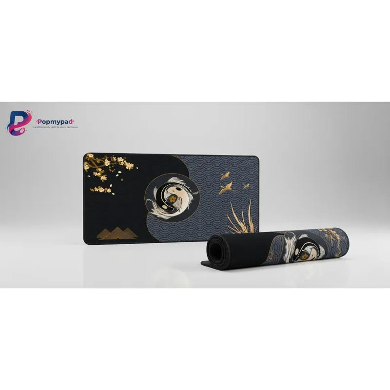 Tapis de Souris XXL Japonais — Carpes Koï Yin-Yang Or et Noir | PopMyPad