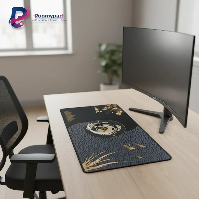 Tapis de Souris XXL Japonais — Carpes Koï Yin-Yang Or et Noir | PopMyPad