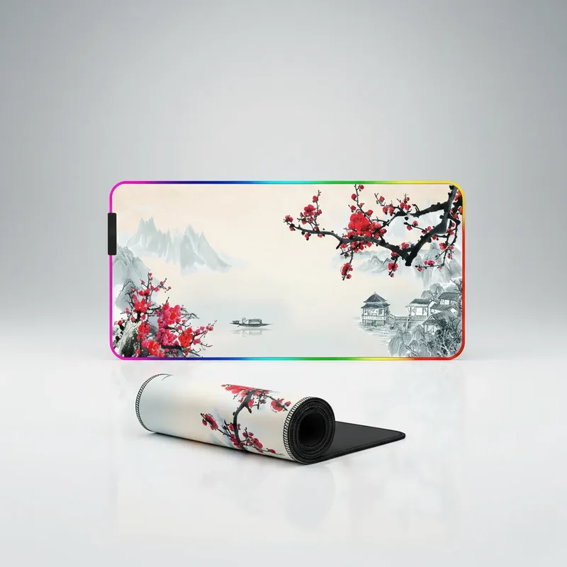 XXL RGB Japanese Mouse Pad — Red Cherry Blossom Branches | PopMyPad
