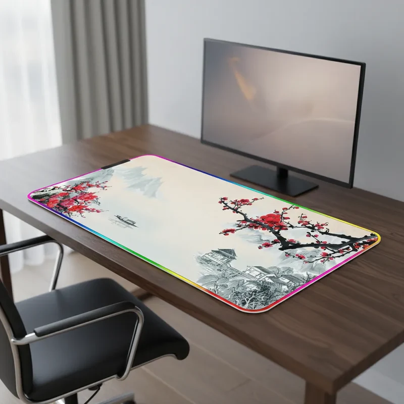XXL RGB Japanese Mouse Pad — Red Cherry Blossom Branches | PopMyPad