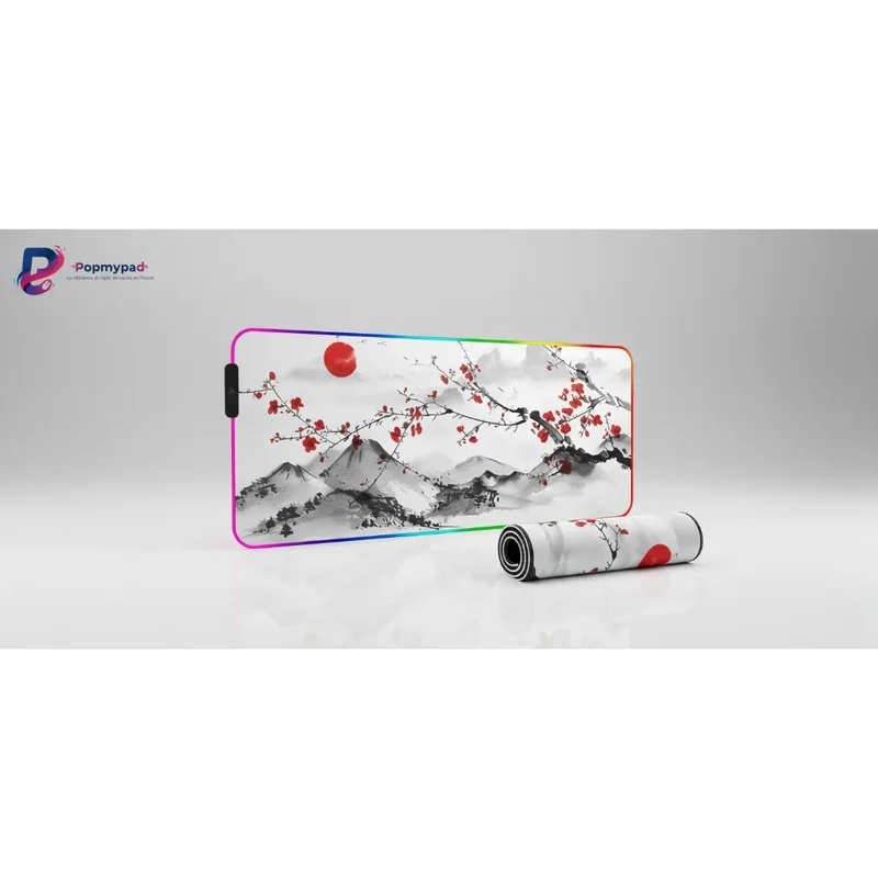 XXL RGB Japanese Mouse Pad — Sumi-e Rising Sun & Cherry Blossom | PopMyPad