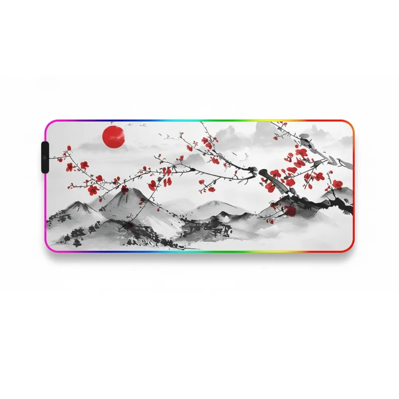 Tapis de Souris XXL RGB Japonais — Sakura et Soleil Levant Sumi-e | PopMyPad