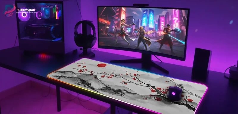 Tapis de Souris XXL RGB Japonais — Sakura et Soleil Levant Sumi-e | PopMyPad