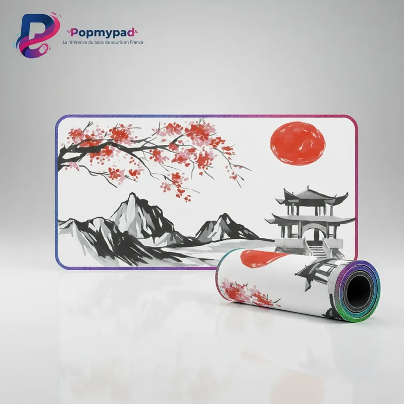 Tapis de Souris XXL Japonais — Soleil Levant, Sakura et Pagode | PopMyPad